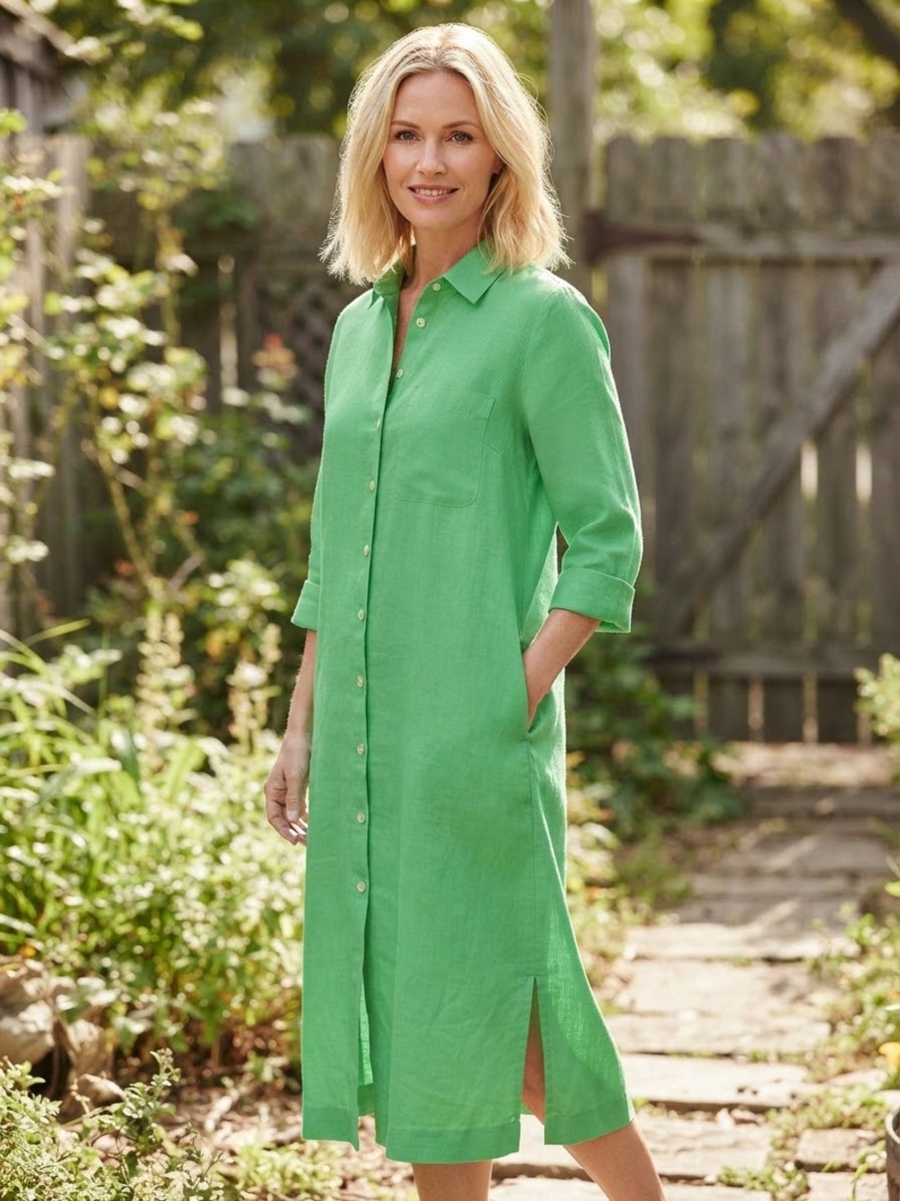 J. Jill Green 100% Linen Button Down Midi Shirt Dress Pockets Petite Small S